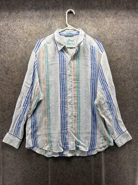 Tommy Bahama Shirt Mens Large White Stripe Long Sleeve Linen Button Front Casual